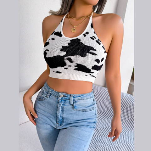 Bonnie - White Cow Print Knitted Crop Top