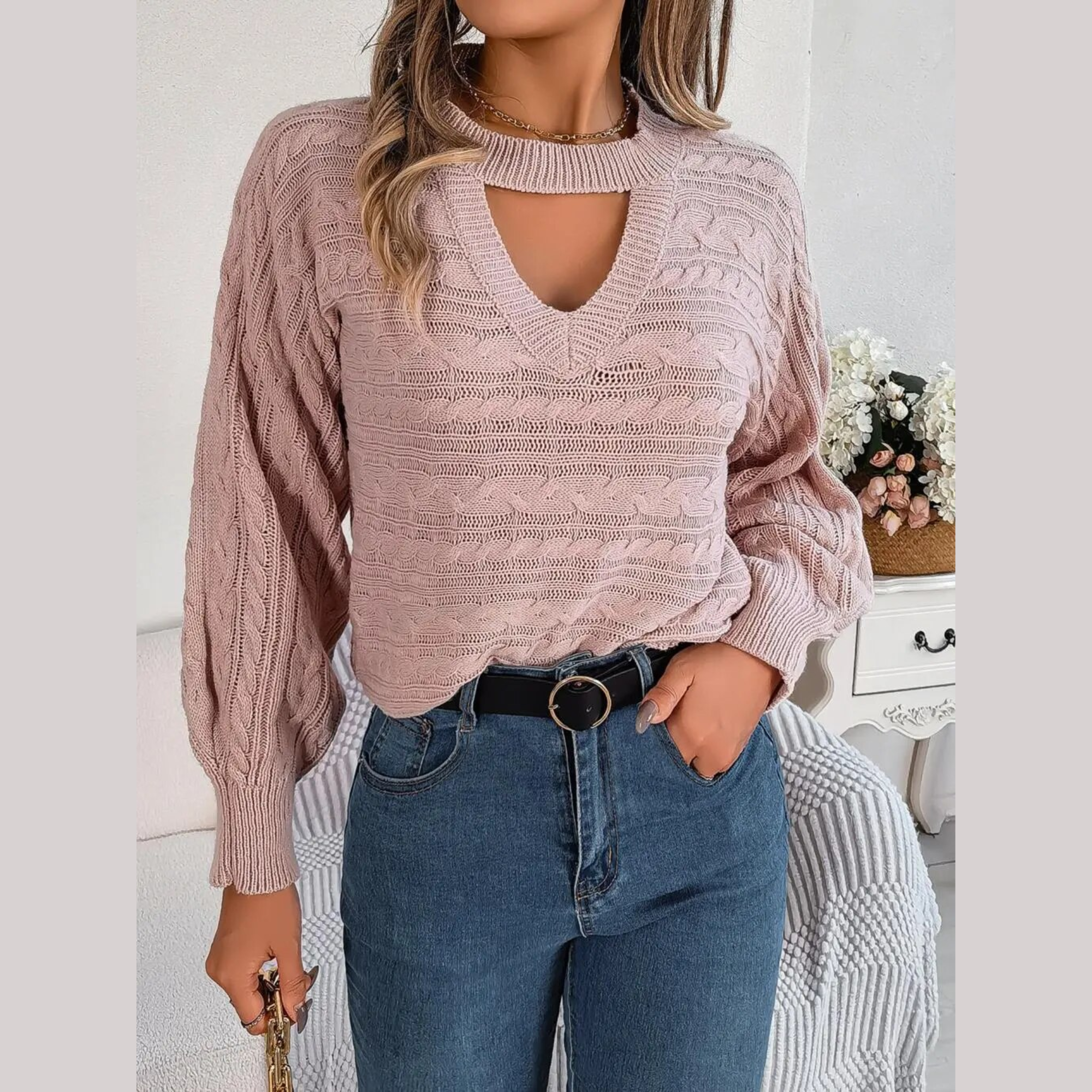 Tina - Pink Twist Knit Cutout Sweater Top