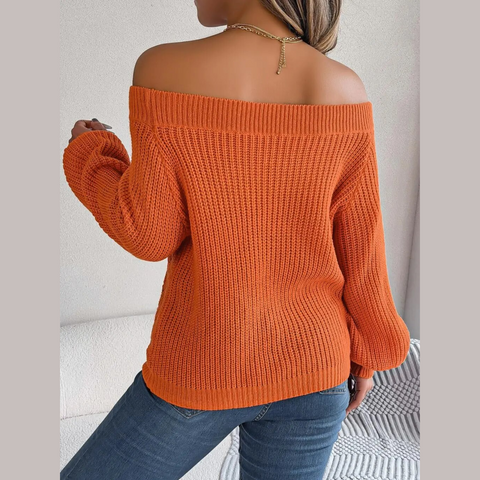 Loni - Orange Knitted Off The Shoulder Sweater Top
