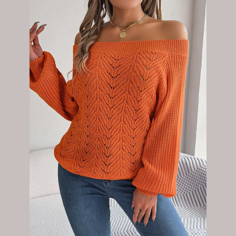 Loni - Orange Knitted Off The Shoulder Sweater Top