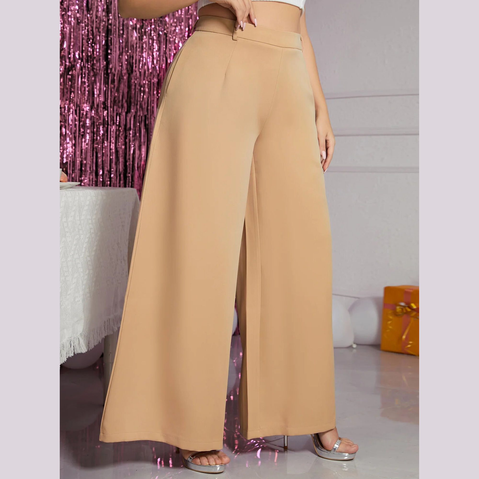Lola - Beige Plus Size High Waist Wide Leg Pants