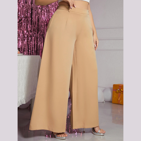 Lola - Beige Plus Size High Waist Wide Leg Pants
