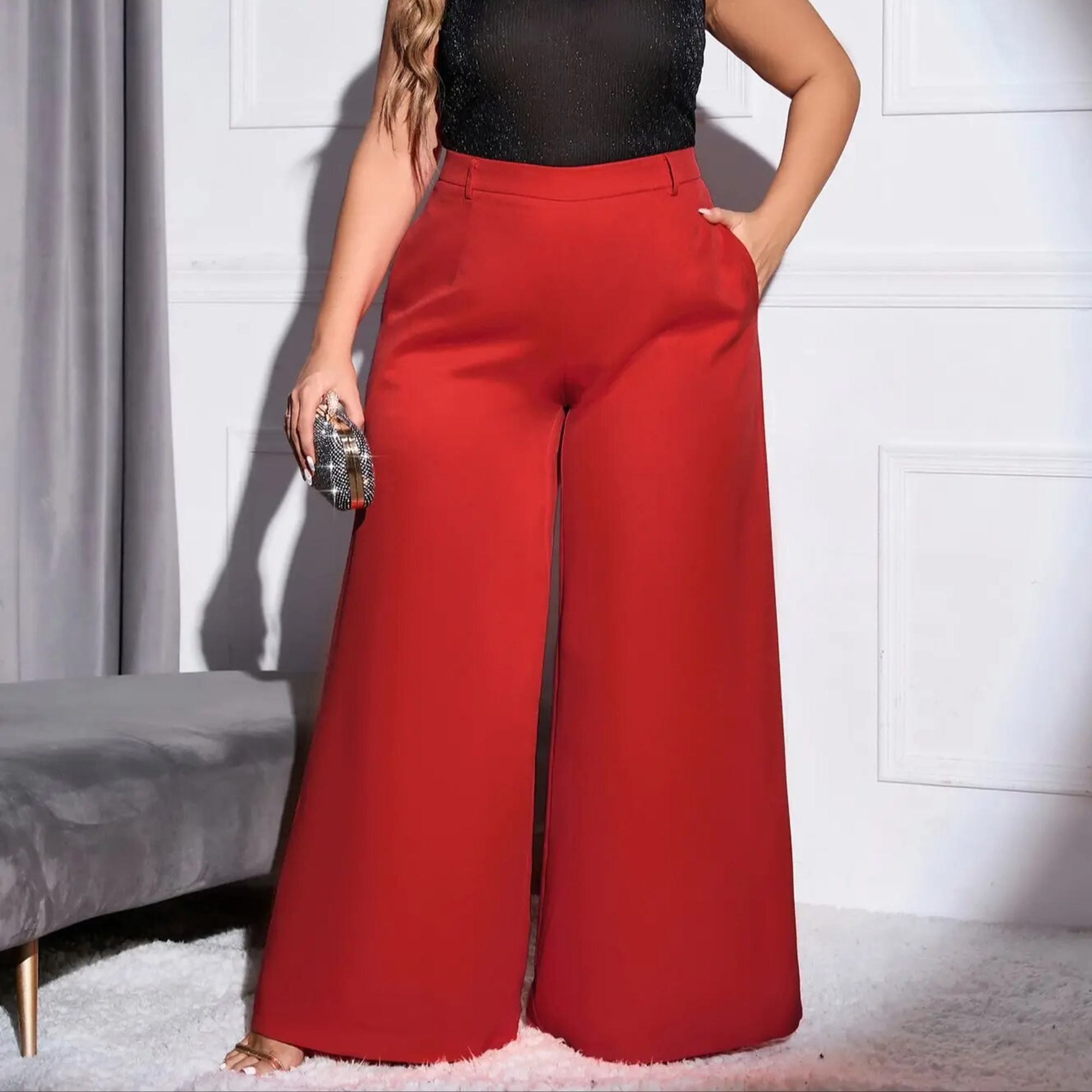 Lola - Red Plus Size High Waist Wide Leg Pants