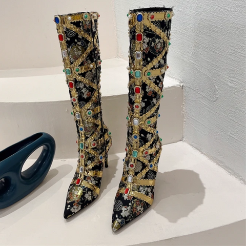 Gold Embellished Knee High Heeled Boots