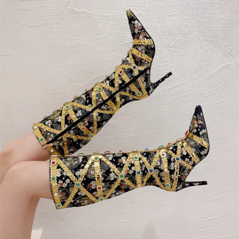 Gold Embellished Knee High Heeled Boots