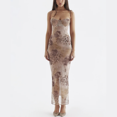 Lottie - Nude Print Cocktail Evening Maxi Dress