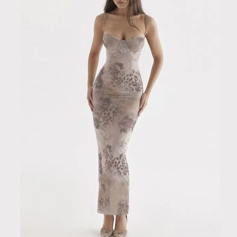 Lottie - Nude Print Cocktail Evening Maxi Dress