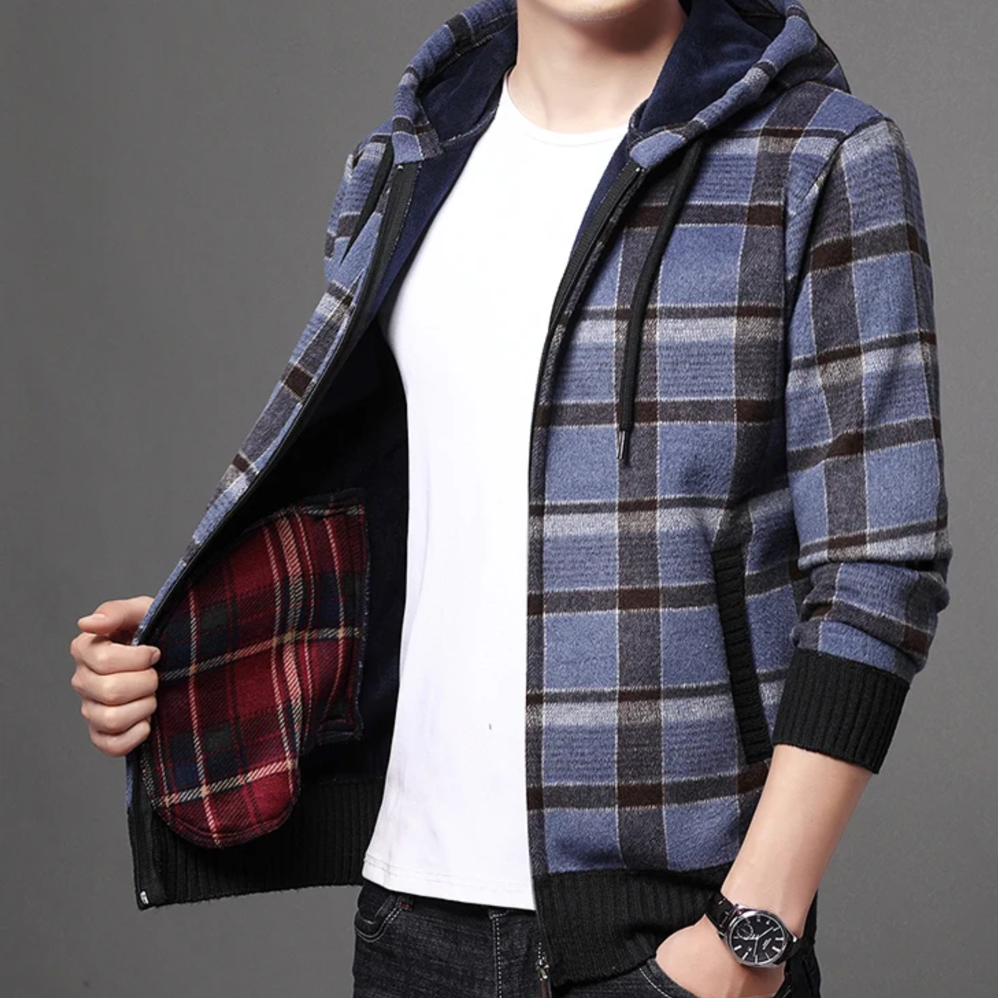Leo - Plaid Hooded Zipper Jacket