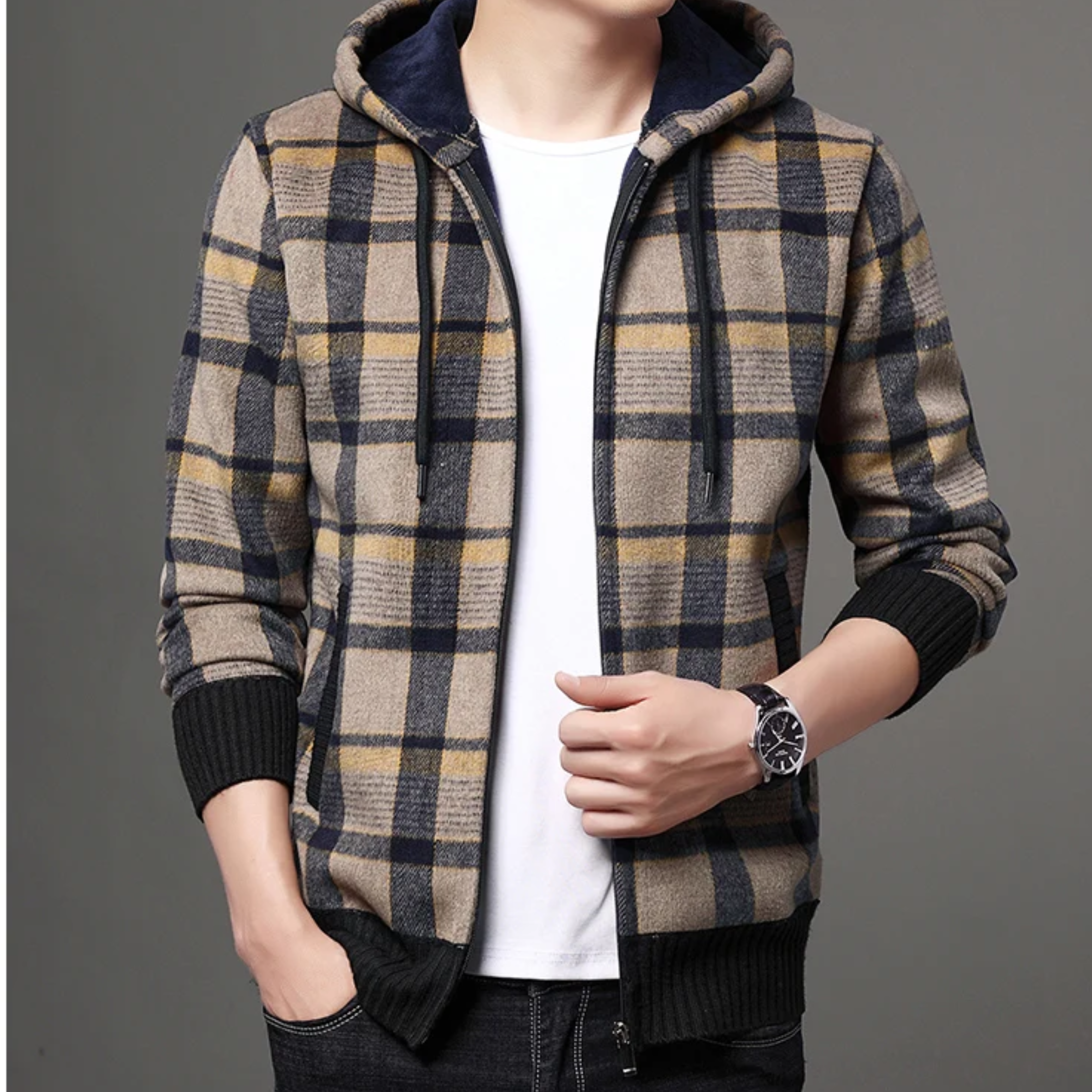 Leo - Plaid Hooded Zipper Jacket