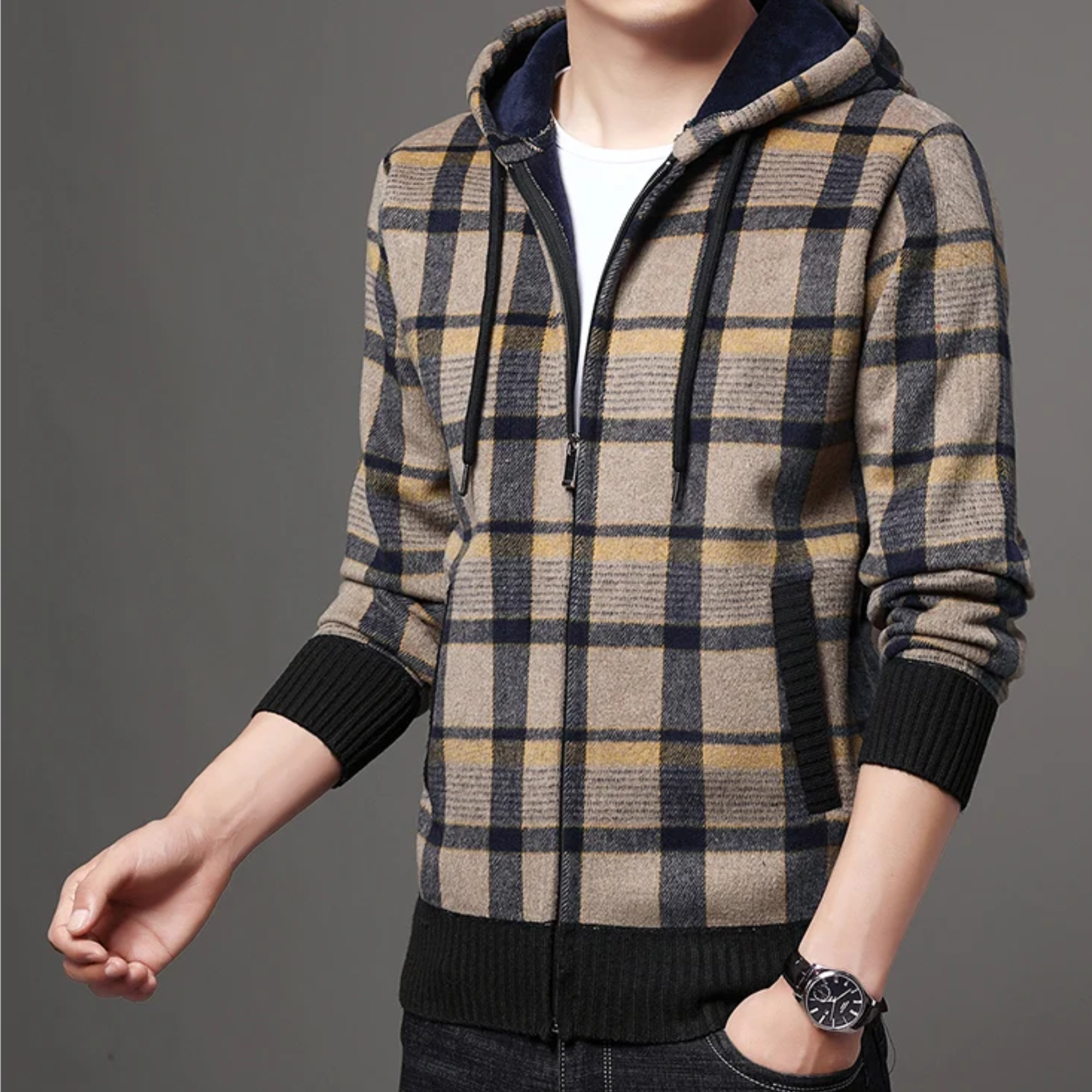 Leo - Plaid Hooded Zipper Jacket