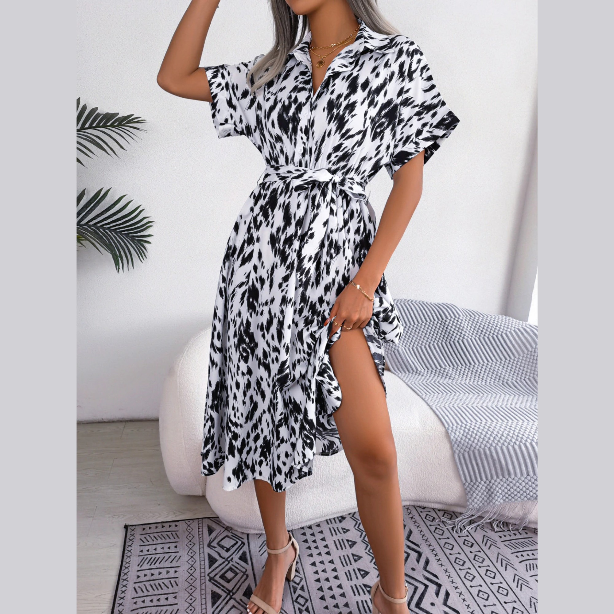 Shauna - White Leopard Print Midi Shirt Dress