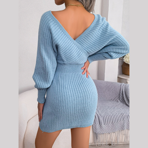 Tilly - Blue Batwing Sleeves Ribbed Sweater Dress