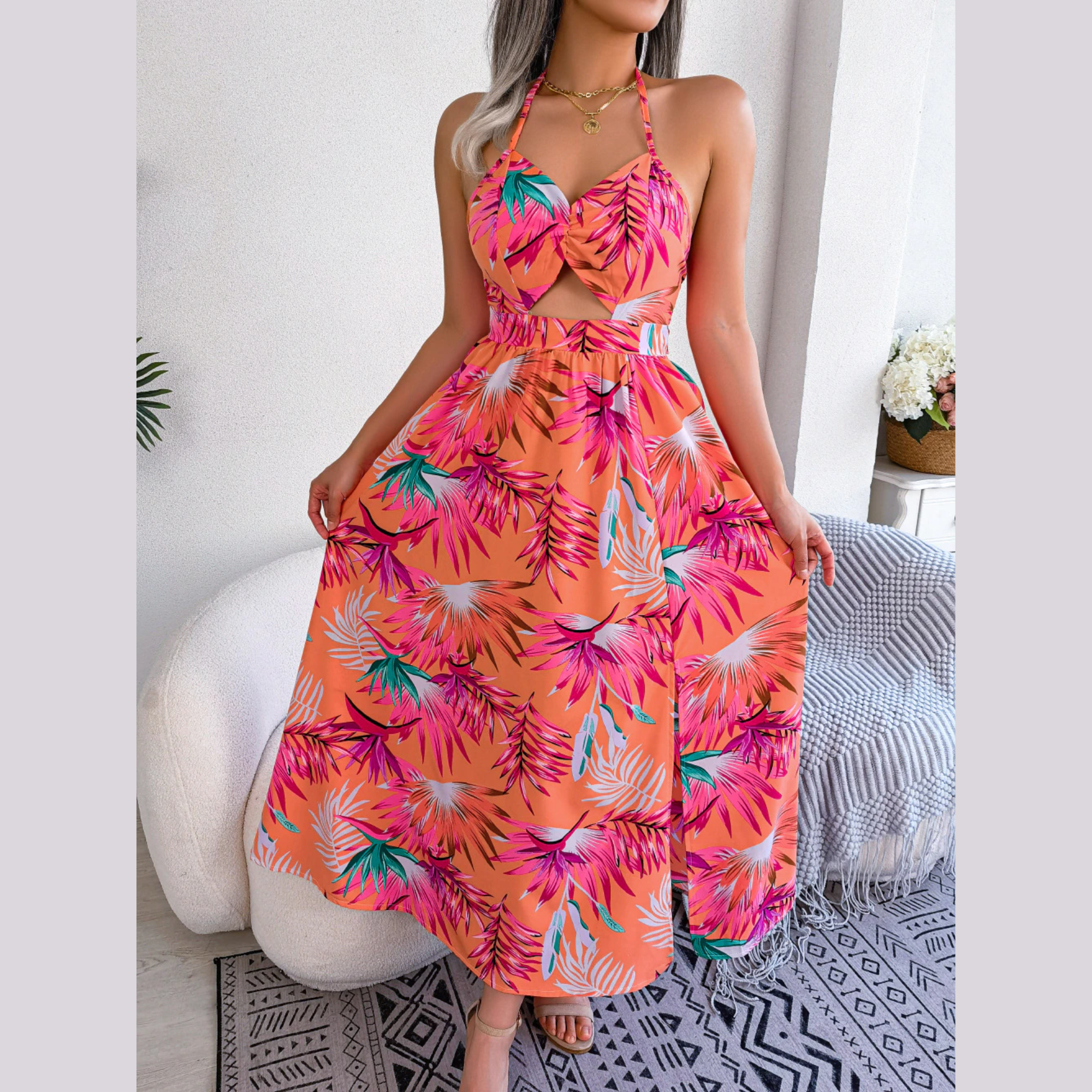 Eloise - Orange Floral Cutout Halter Dress