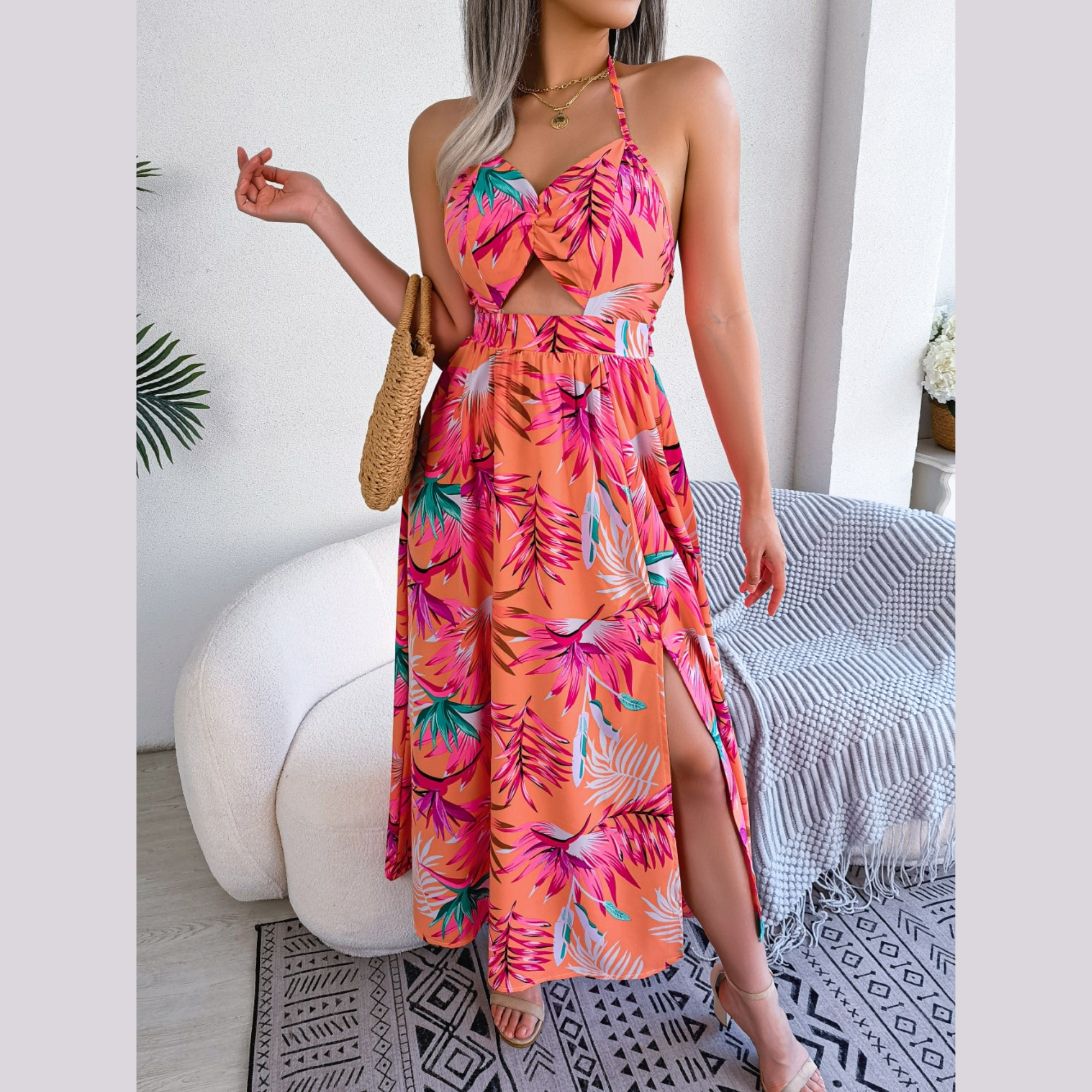 Eloise - Orange Floral Cutout Halter Dress
