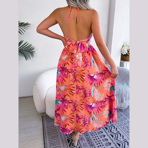 Eloise - Orange Floral Cutout Halter Dress