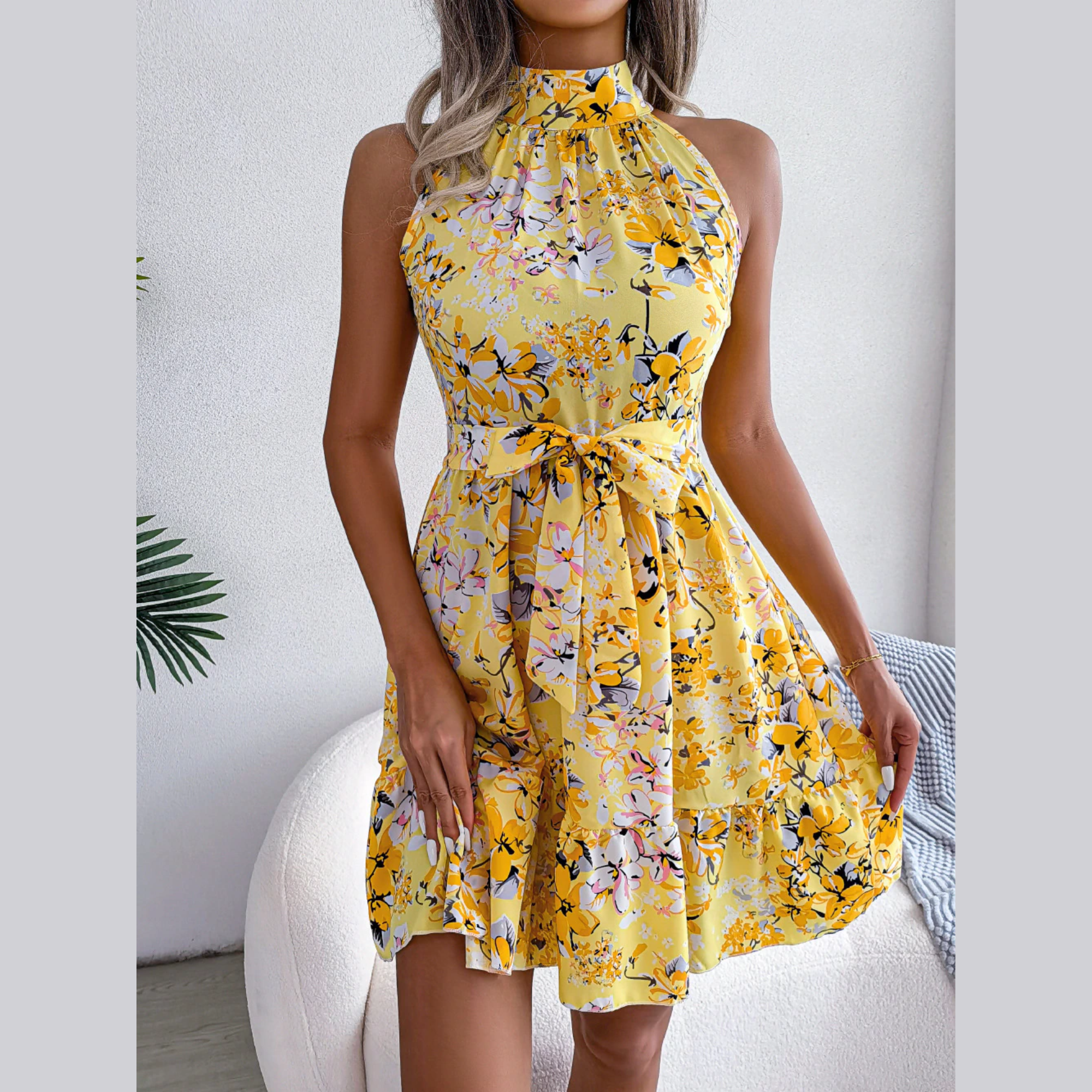 Ladonna - Yellow Floral Halter Neck A-Line Dress