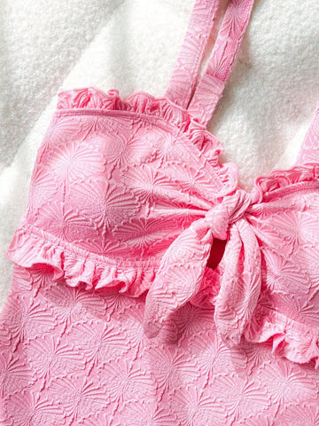 Crinkle Knot Front Ruffled Strapless One Piece Swimsuit - Baby Pink