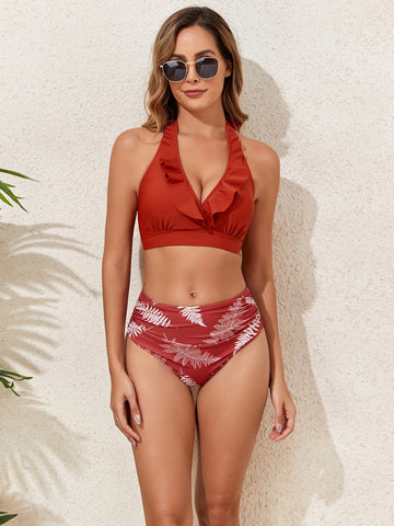 Top de bikini bandeau con ribete de volantes y fruncido floral