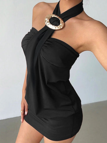 Neck-Revealing Backpack-Style Hip-Hugging Dress