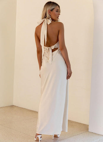 Fleur - White Deep V Halter Neck Dress