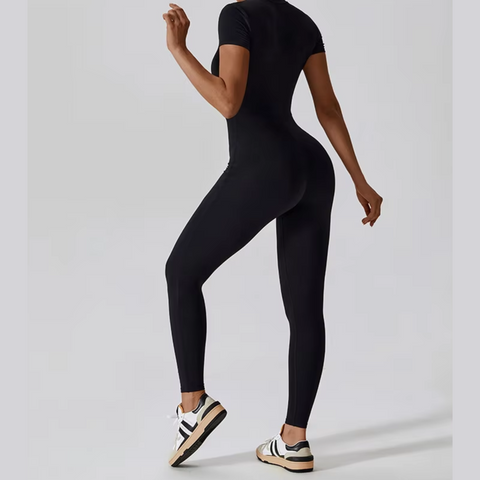 Joyce - Short Sleeve Mock Neck Active Zipper Jumpsuit