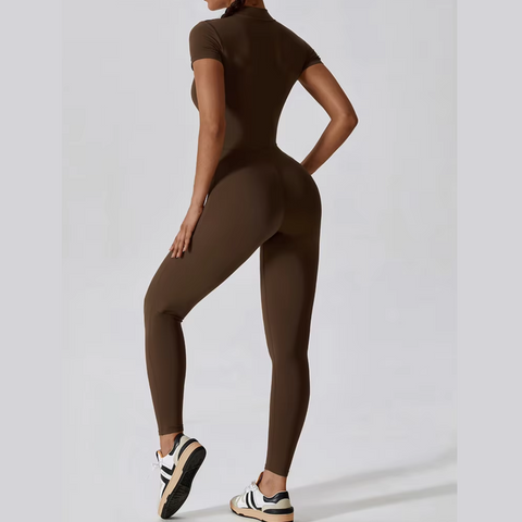 Joyce - Short Sleeve Mock Neck Active Zipper Jumpsuit