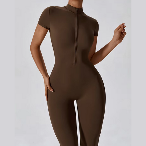 Joyce - Short Sleeve Mock Neck Active Zipper Jumpsuit