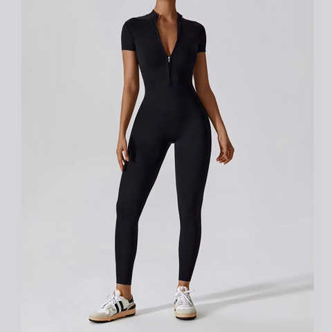 Joyce - Short Sleeve Mock Neck Active Zipper Jumpsuit