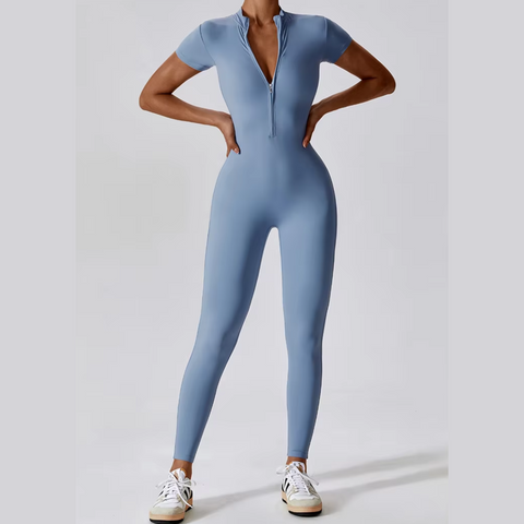 Joyce - Short Sleeve Mock Neck Active Zipper Jumpsuit