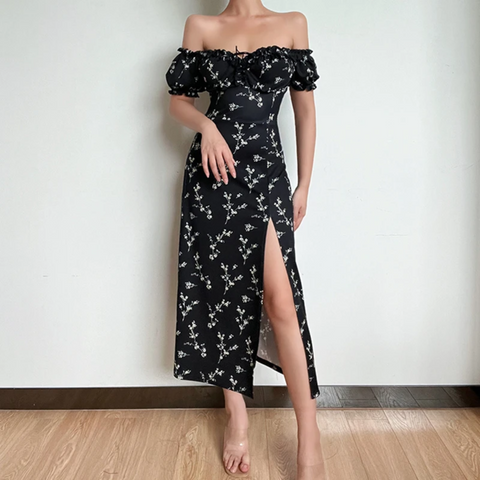 Lia - Off The Shoulder Floral Print High Split Dress