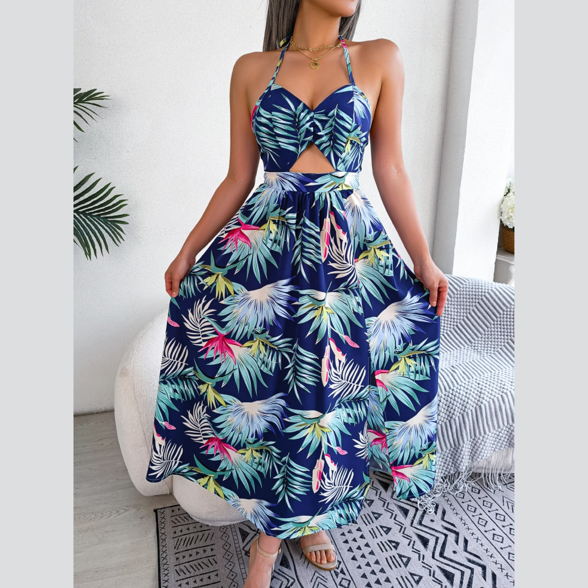 Eloise - Blue Floral Cutout Halter Dress