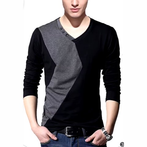James - Men's Long Sleeve Color Block V Neck T Shirt
