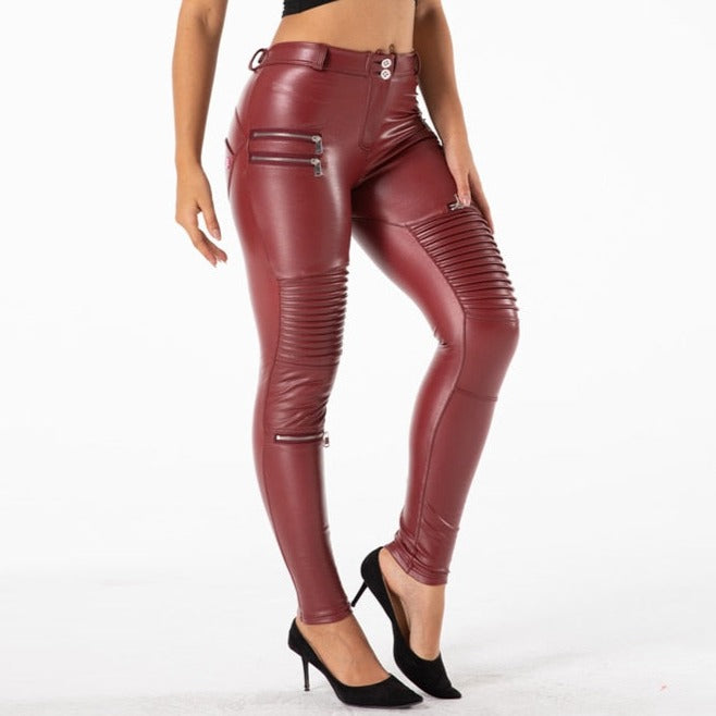 Cheeky Burgundy PU Butt Lift Zipper Pants