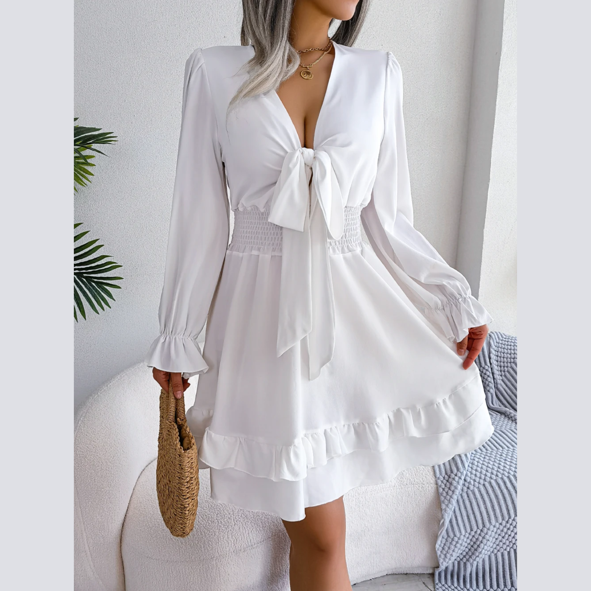 Sadie -  White Smocked Waist Ruffle Mini Dress