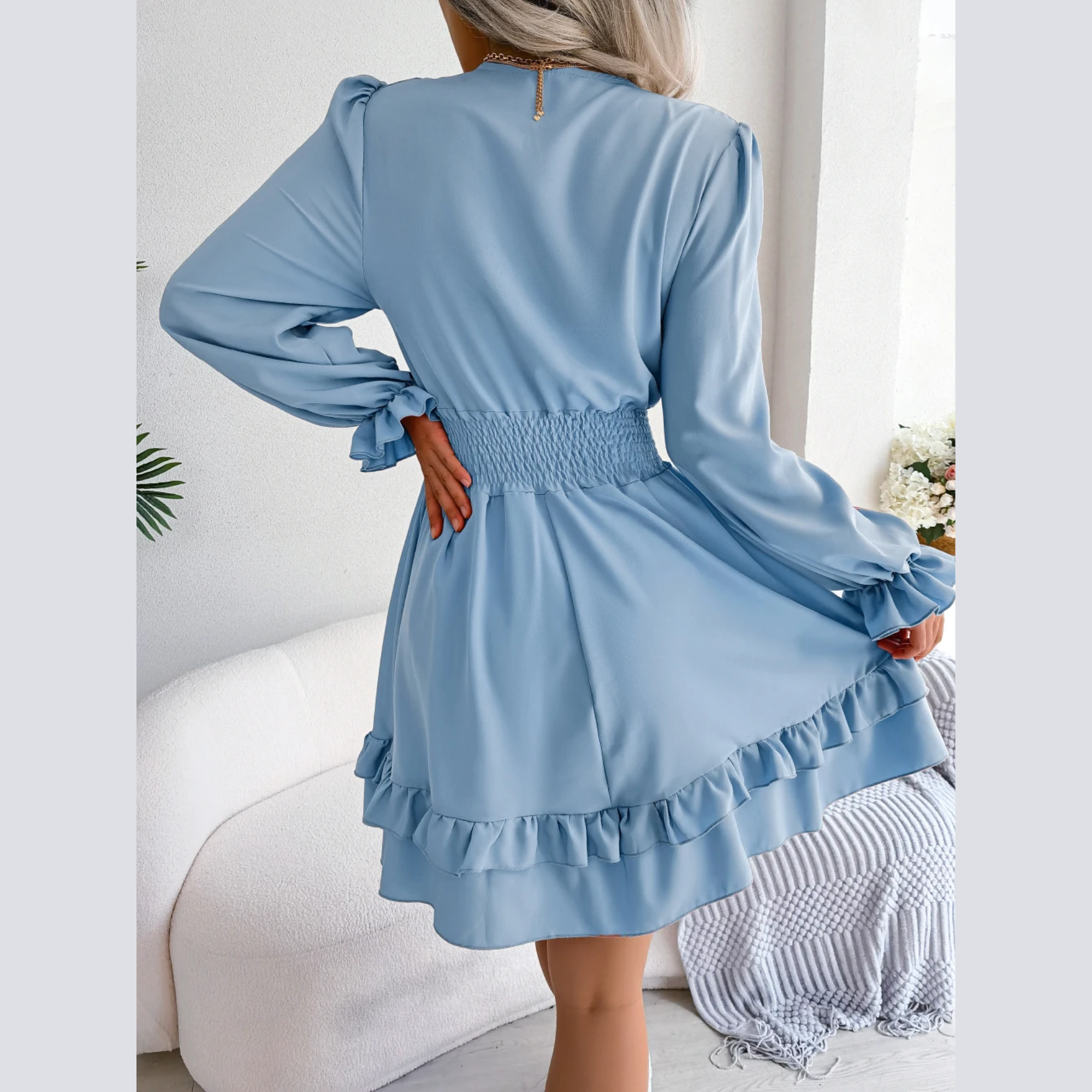 Sadie -  Blue Smocked Waist Ruffle Mini Dress
