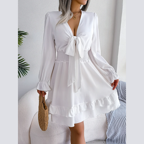 Sadie -  White Smocked Waist Ruffle Mini Dress