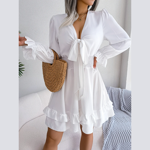 Sadie -  White Smocked Waist Ruffle Mini Dress