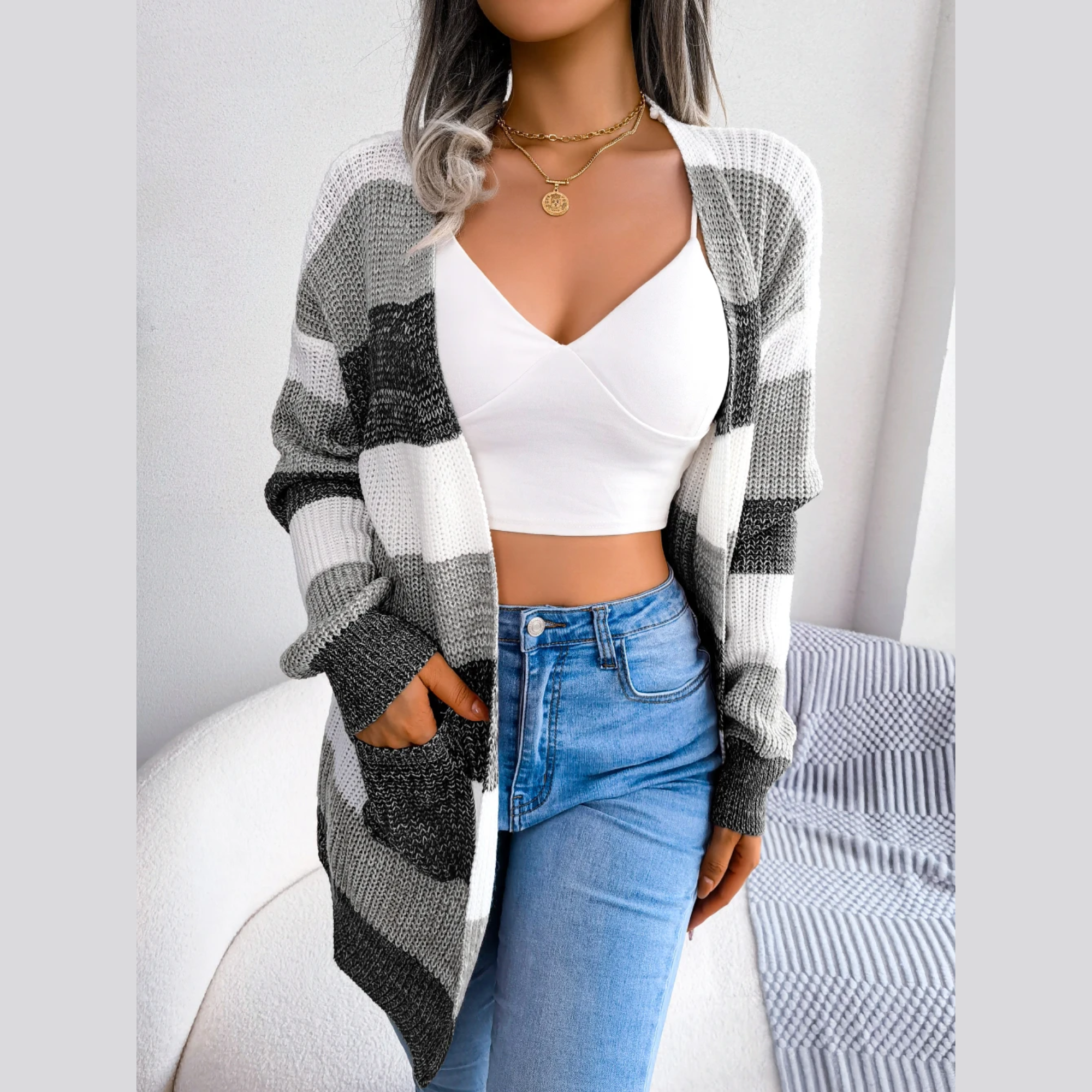 Emily - Black & White  Knitted Striped Cardigan