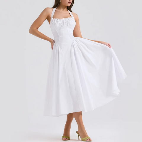 Solene - White A Line Midi Halter Neck Dress