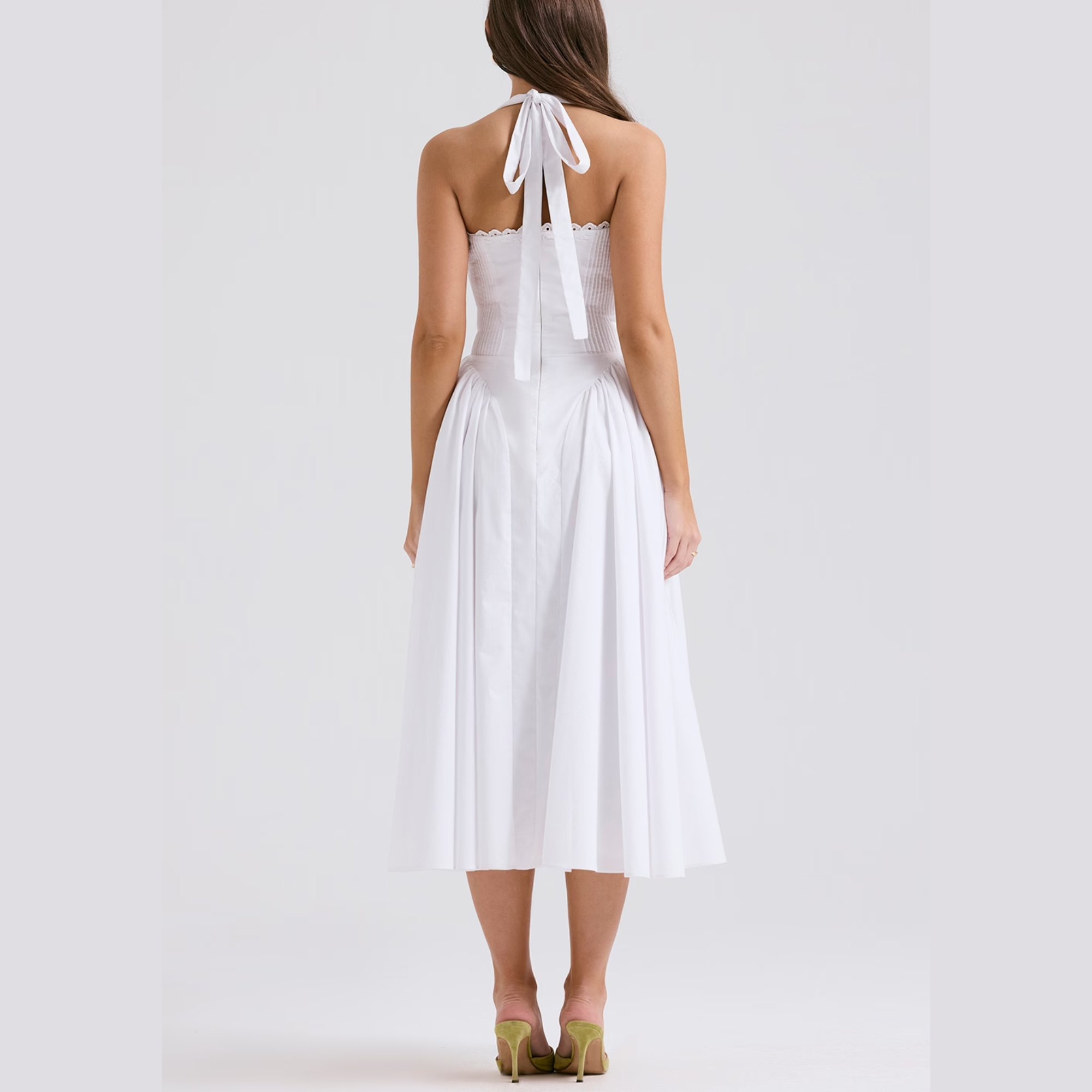 Solene - White A Line Midi Halter Neck Dress