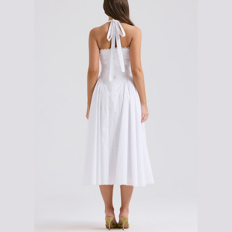 Solene - White A Line Midi Halter Neck Dress
