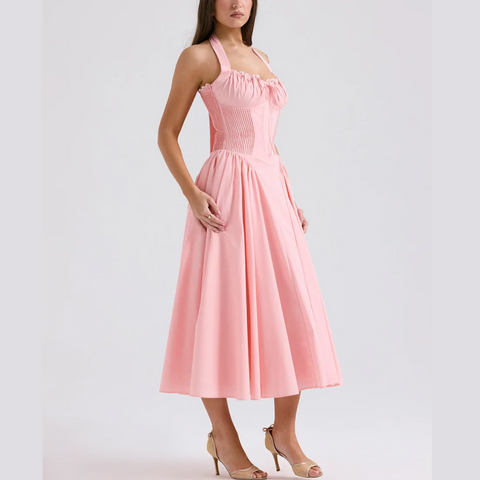 Solene - Pink A Line Midi Halter Neck Dress