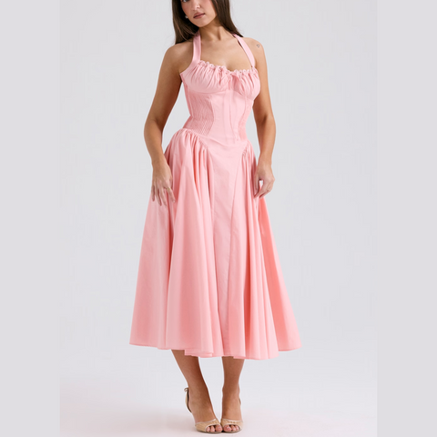 Solene - Pink A Line Midi Halter Neck Dress