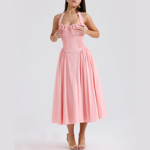 Solene - Pink A Line Midi Halter Neck Dress