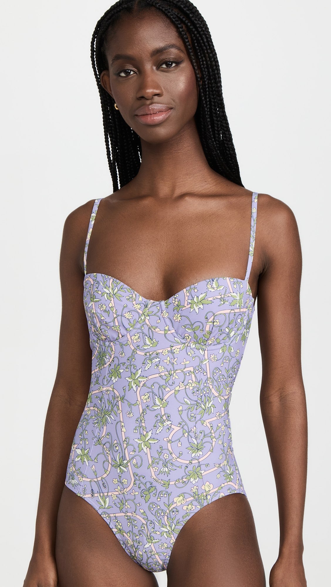 Olive Floral Print Underwired One Piece Swimsuit - Purple