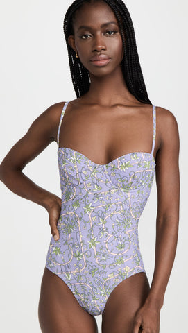 Olive Floral Print Underwired One Piece Swimsuit - Purple