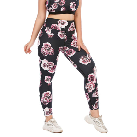 Pantalones de yoga para entrenamiento con estampado de rosas para tallas grandes