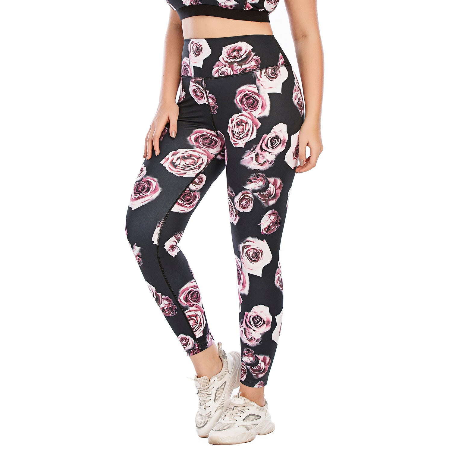 Pantalones de yoga para entrenamiento con estampado de rosas para tallas grandes