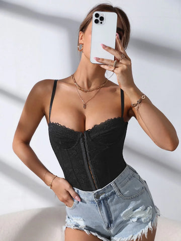 Korsett-Camisole mit Haken- und Ösenbesatz und Spitzenbesatz