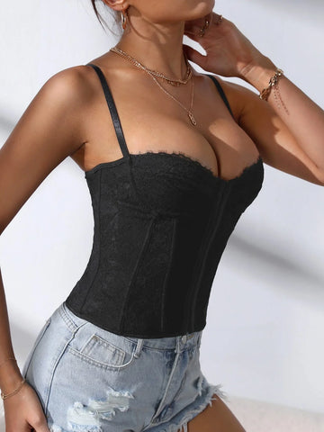 Korsett-Camisole mit Haken- und Ösenbesatz und Spitzenbesatz